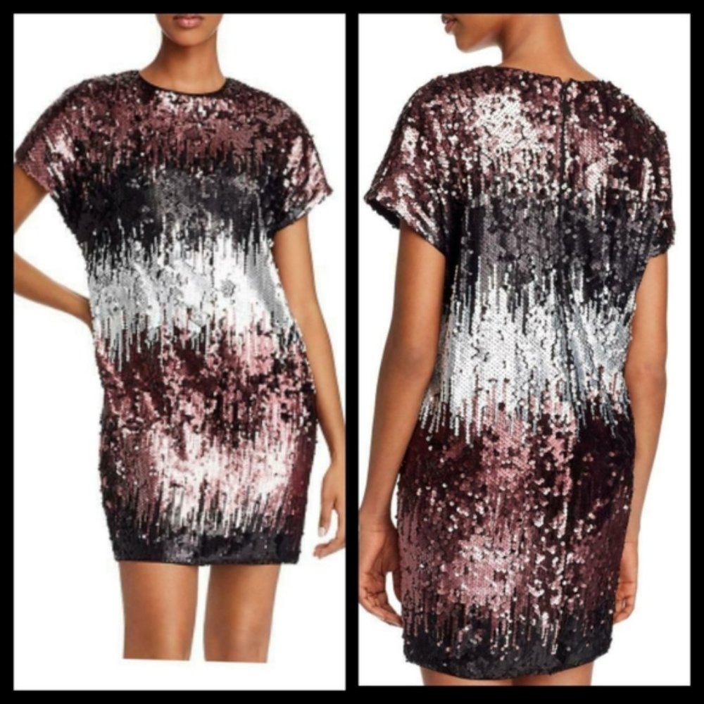 Aidan Mattox Rose Gold, Silver & Black Sequin Shift Dress